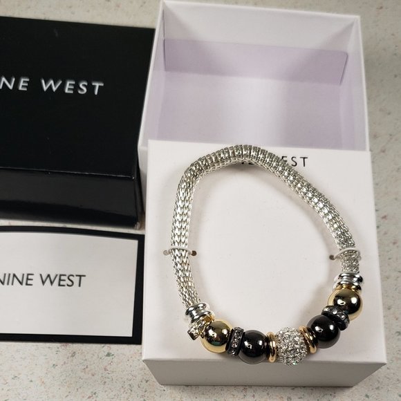 Nine West Bracelet Silver Tone Stretch Mesh Gold Silver Rhinestone Beads - Picture 4 of 8